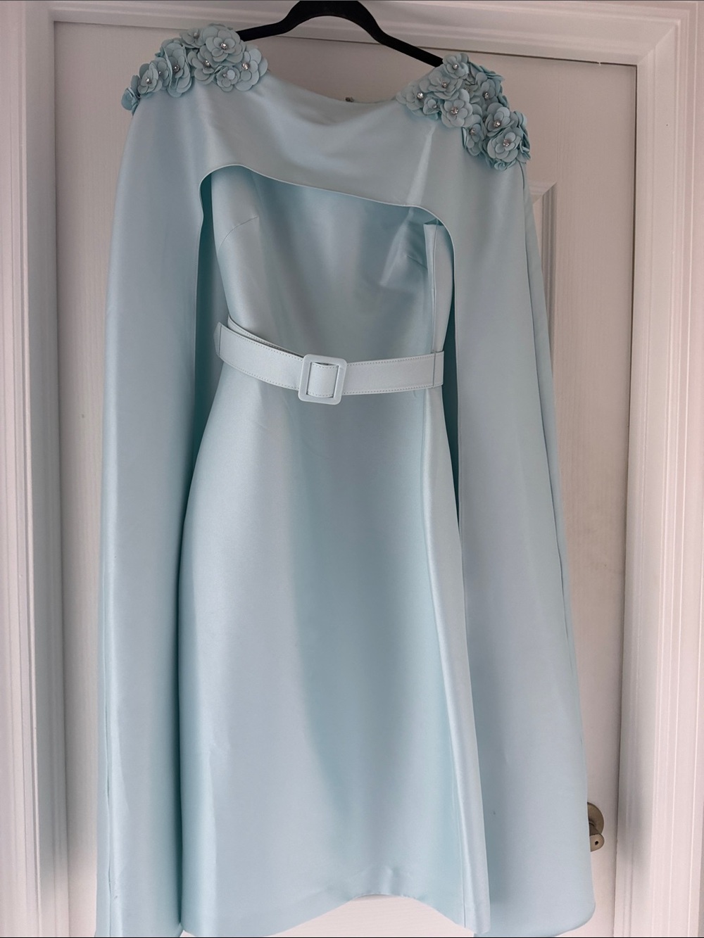 Badgley Mischka Pale Blue Cape-Style Midi Dress with Floral Shoulder Appliqué